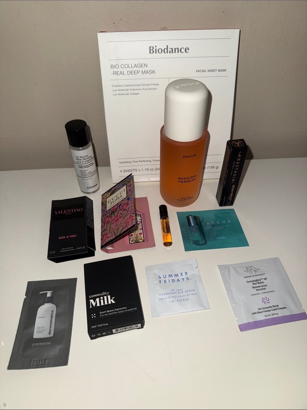 Missing person oil Phlur + Biodance 4 pack + Anastasia brow freeze + samples